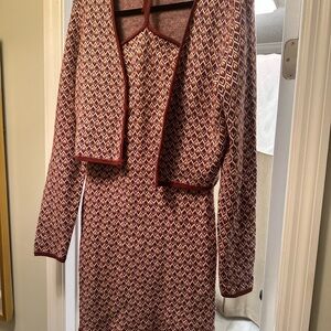 Knit Dress with Matching Cropped Cardigan - Rust/Cream